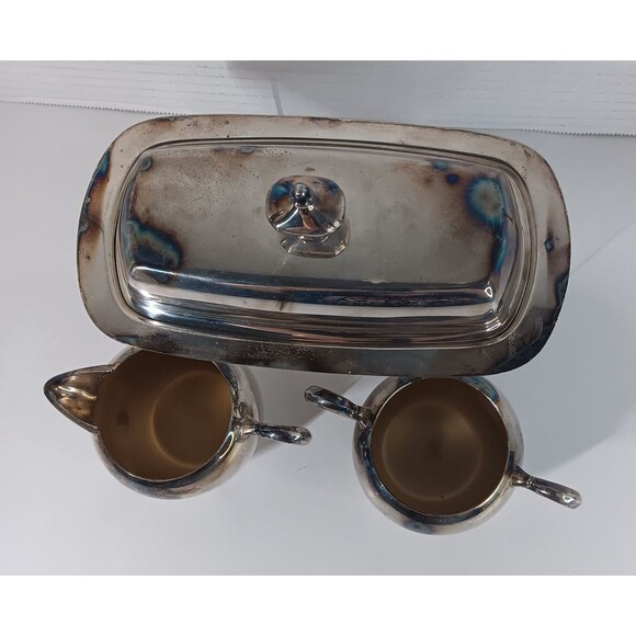 Wallace Silverplate Lot Creamer Sugar Bowl Butter Tray Dish With Glass Insert - Picture 4 of 13